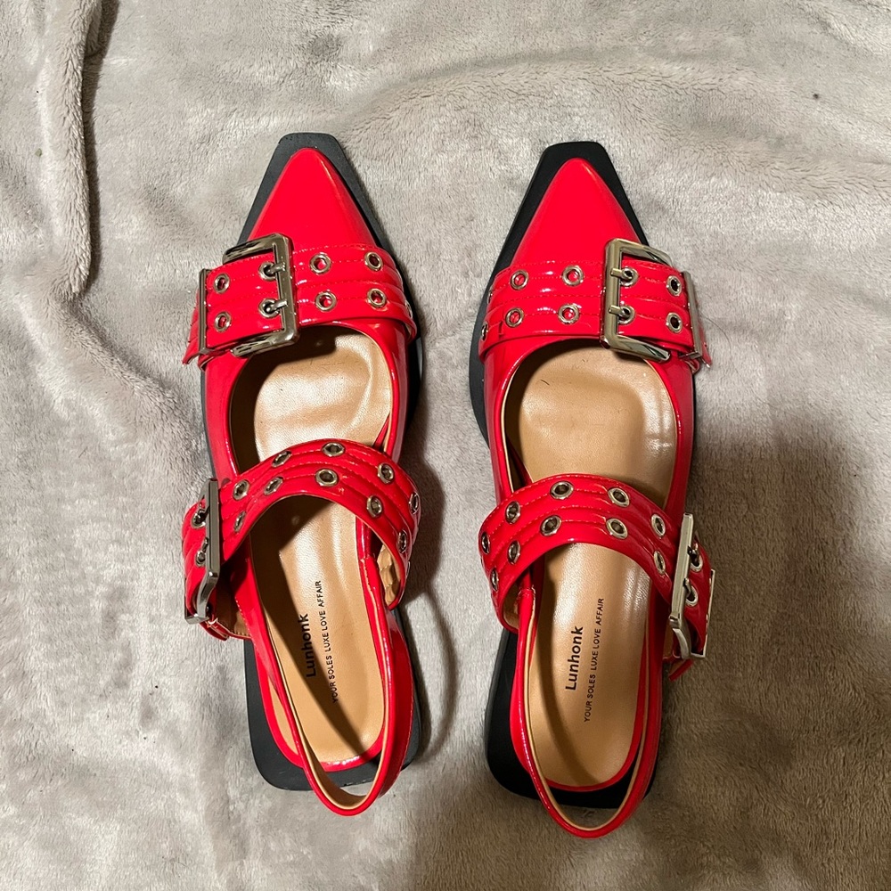 Red sling back mules